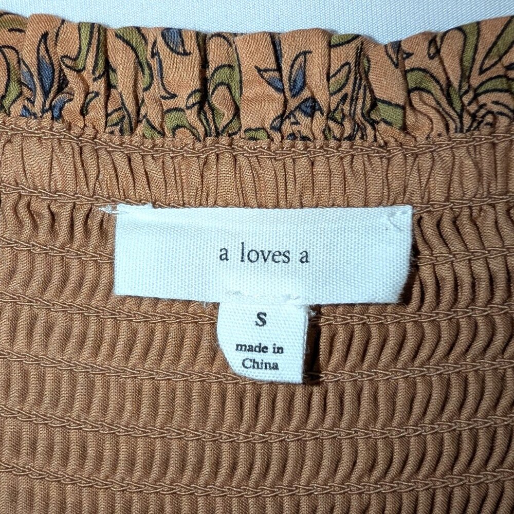 A Loves A | Golden Oat Brown Floral Puff Sleeve Boho Midi Dress | Size	Small - Picture 6 of 10
